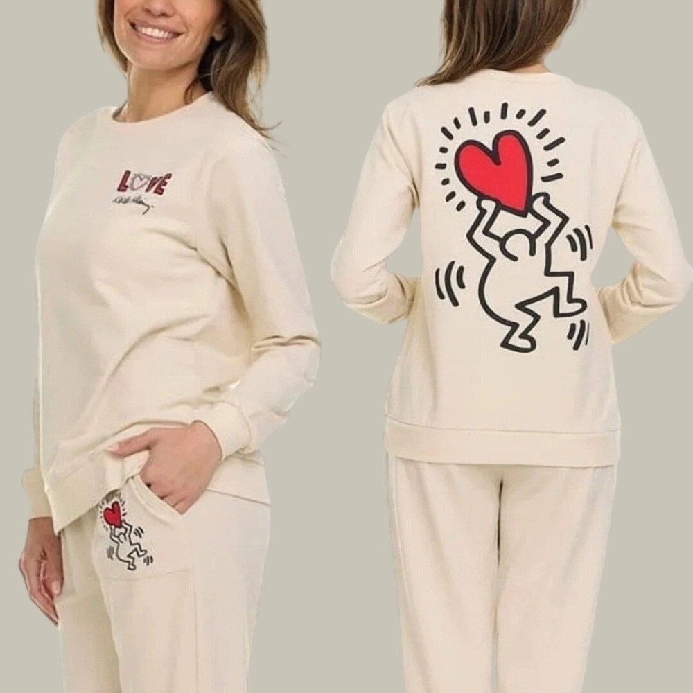 Keith Haring 2-Piece Cream Lounge Set, Medium, Radiant Heart, Dancing Figures